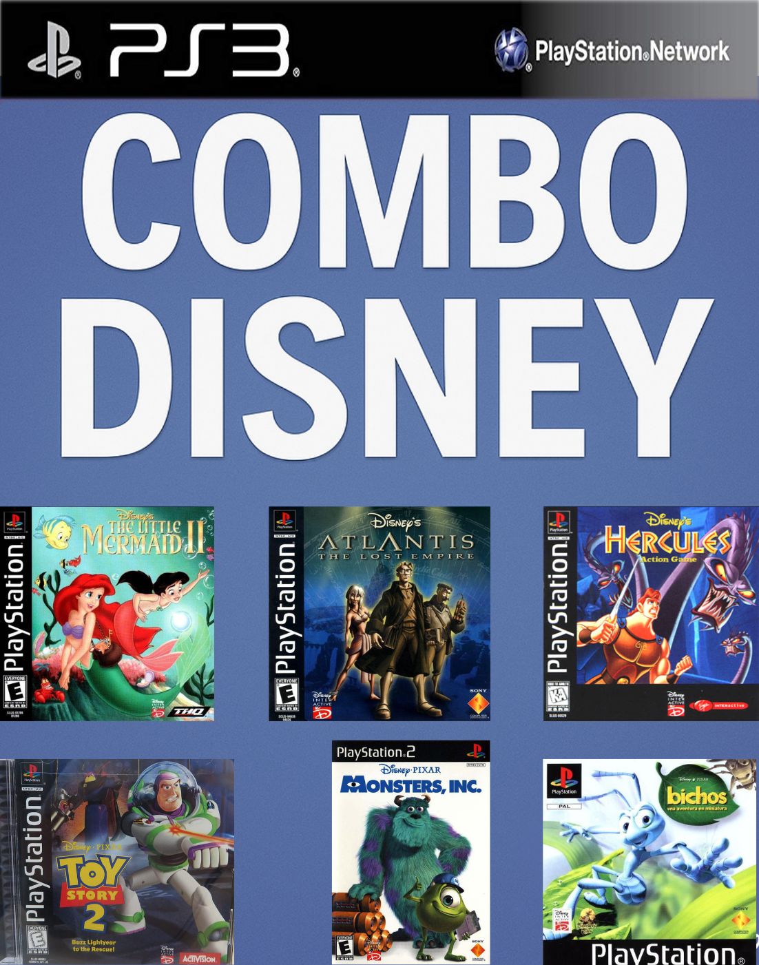 la sirenita 2 + atlantis + hercules + toy story 2 racer + bichos y monster inc PS3